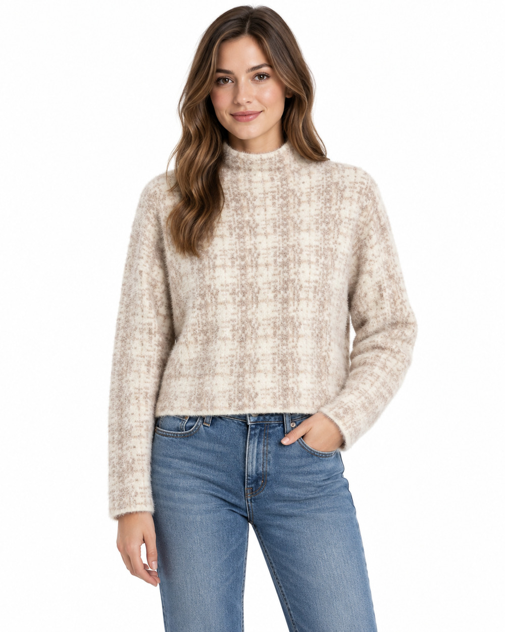 Nicole Miller Fuzzy Mock Neck Sweater Cream Beige Geometric Super Soft Sz S